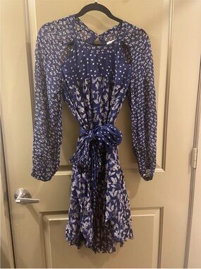 Isabel Marant Blue Mixed-Print Long Sleeve Tie-Waist Dress